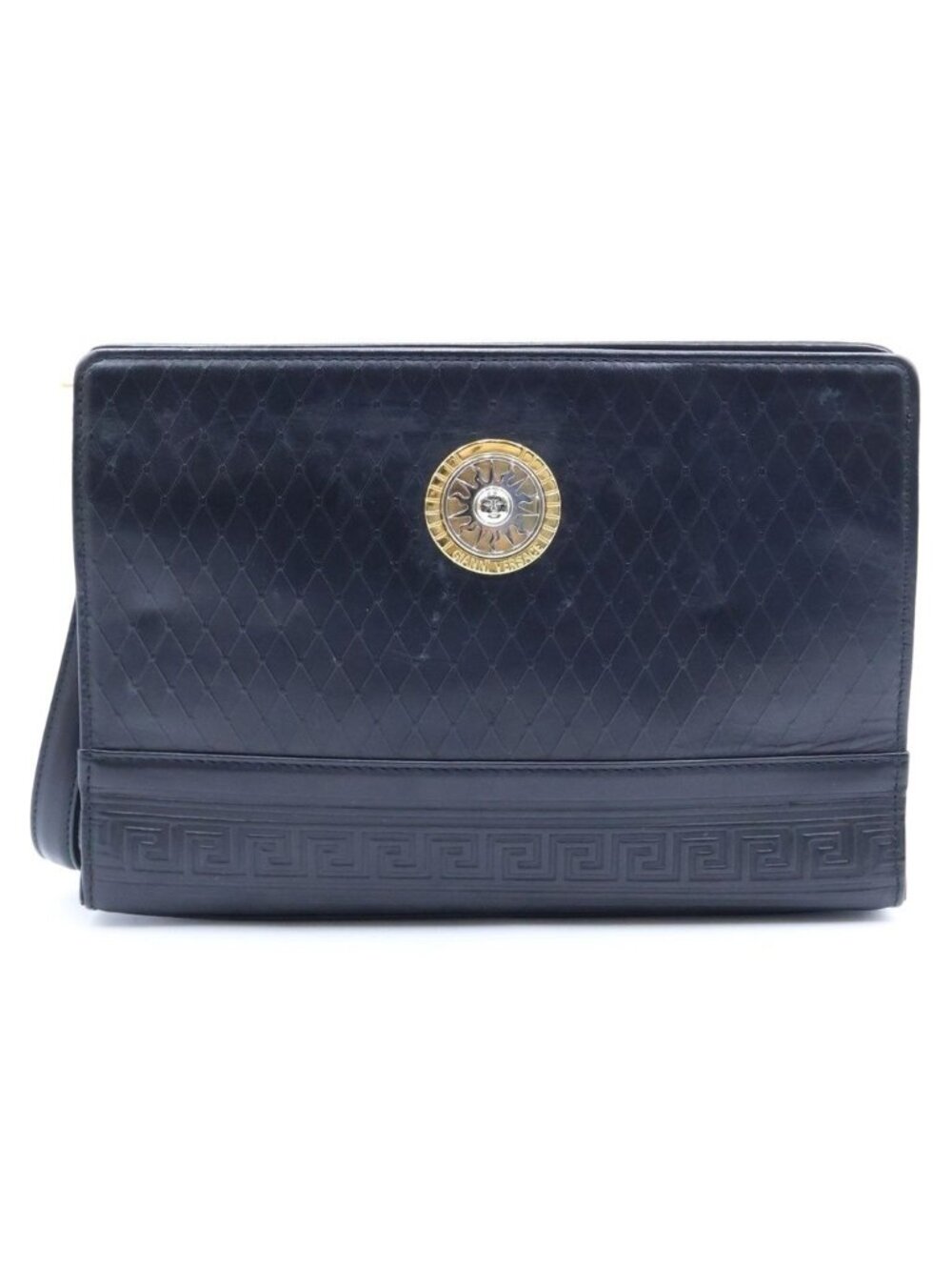 Versace Sun Motif Logo Plate Leather Hand Clutch Second Black Gold